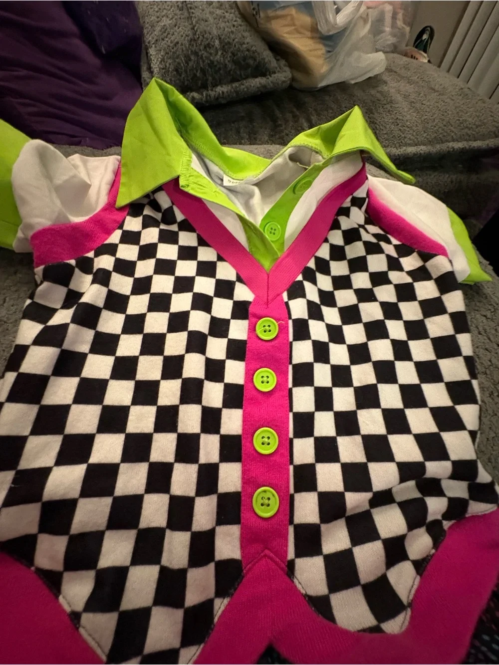 Black & White Checker Knit Vest dress with Neon Pink Trim and Lime Green Buttons